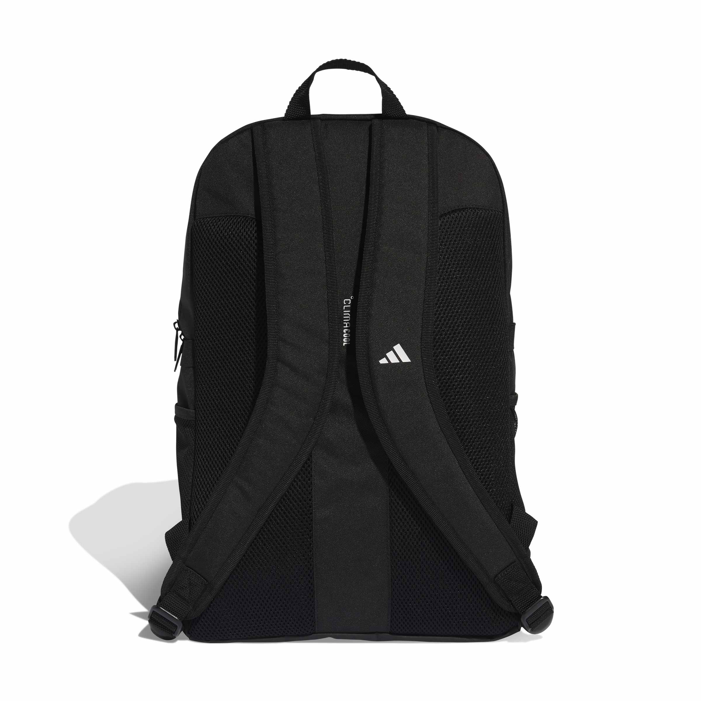 Mochila Adidas preta aberta mostrando compartimentos internos